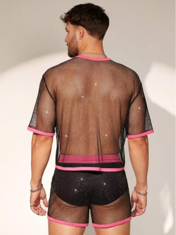 Men's Mesh Loose Fit Sexy Sleepwear T-shirt & Short Set3